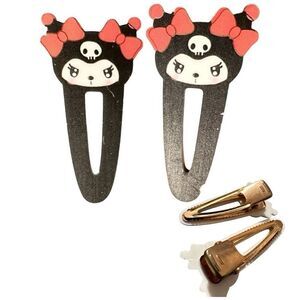 New Sanrio Kuromi Hair Clips 2pcs – Gothic Red Bow Acrylic Barrettes